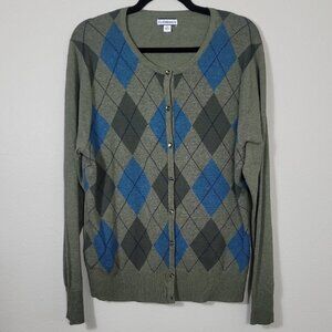 Vintage Croft & Barrow Womens Argle Knit Cardigan Size XL Green Blue Preppy Y2K